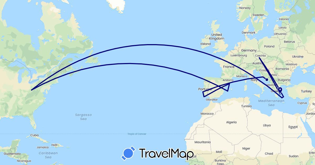 TravelMap itinerary: driving in Czech Republic, Spain, Greece, Croatia, Portugal, United States (Europe, North America)